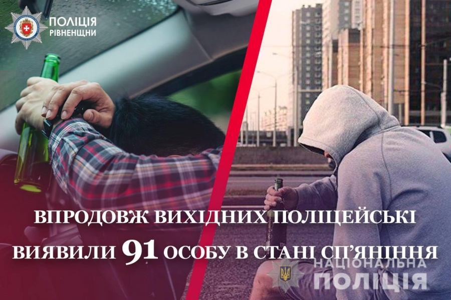 Впродовж вихідних поліцейські виявили 91 особу в стані сп’яніння